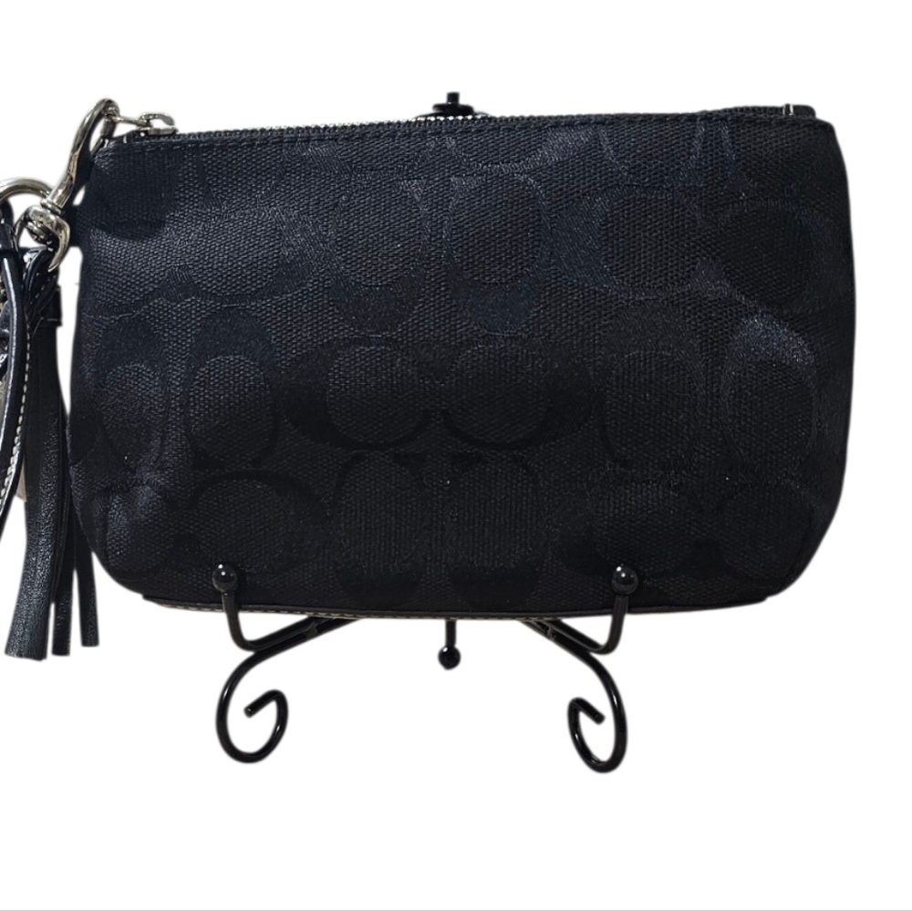 COACH Black Textured Wristlet with Silver Tone Hardware and Dust Bag